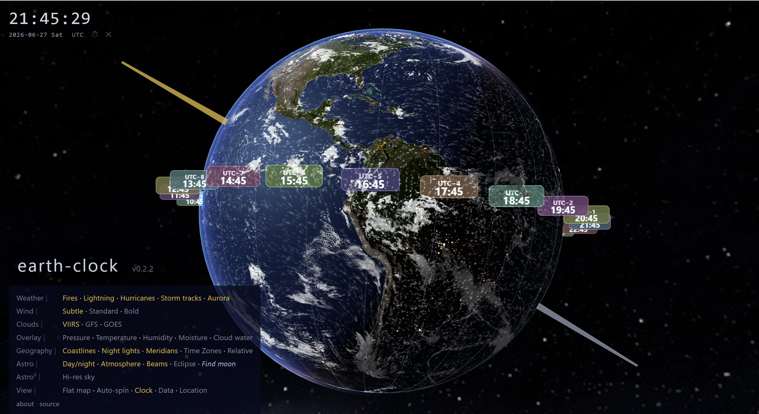 earth-clock showing the globe with timezone labels and the menu