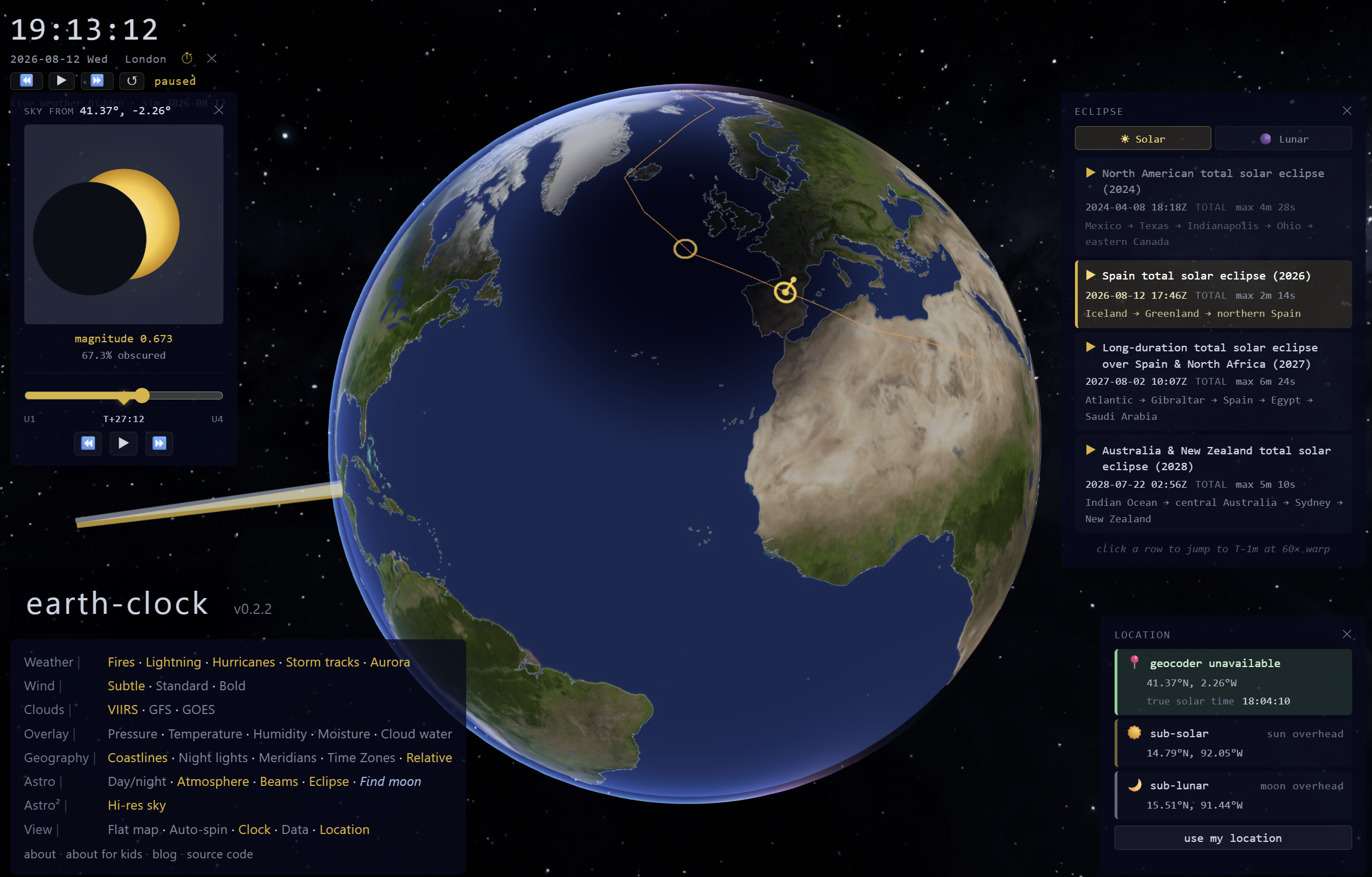 The 2026 total solar eclipse — the moon's dark shadow disc racing across Spain with the orange path of totality visible