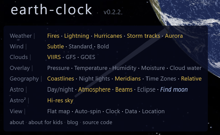 The earth-clock menu showing rows of options — Weather, Wind, Clouds, Overlay, Geography, Astro, View