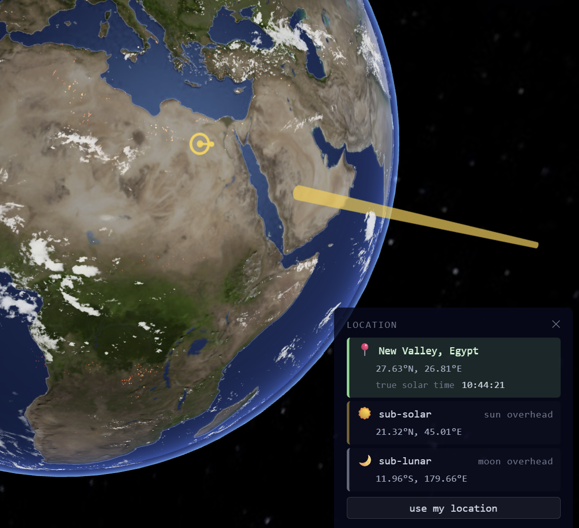 The Location panel showing a pinned location with place name and local time