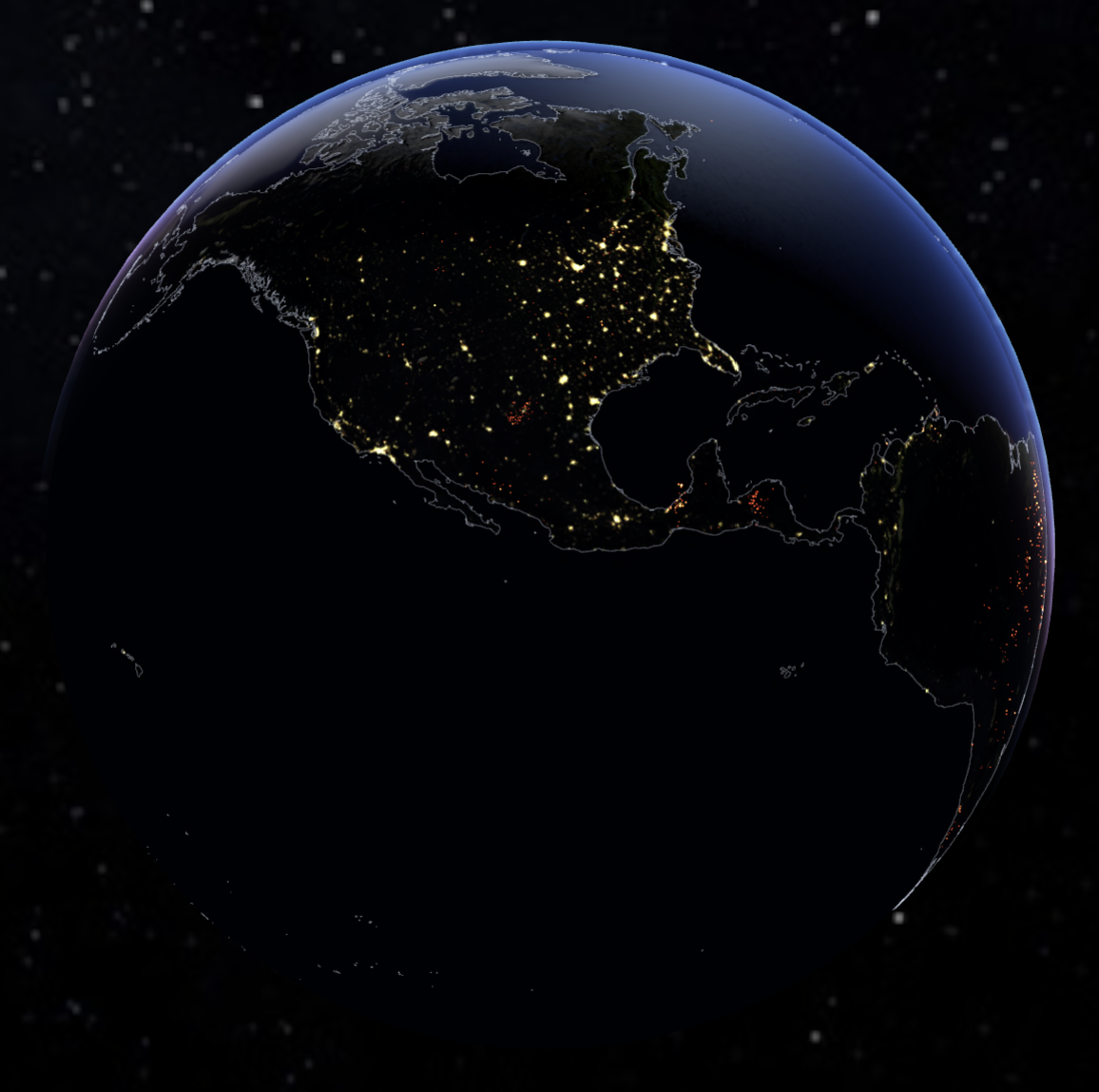 Earth's night side — city lights glowing against the dark hemisphere