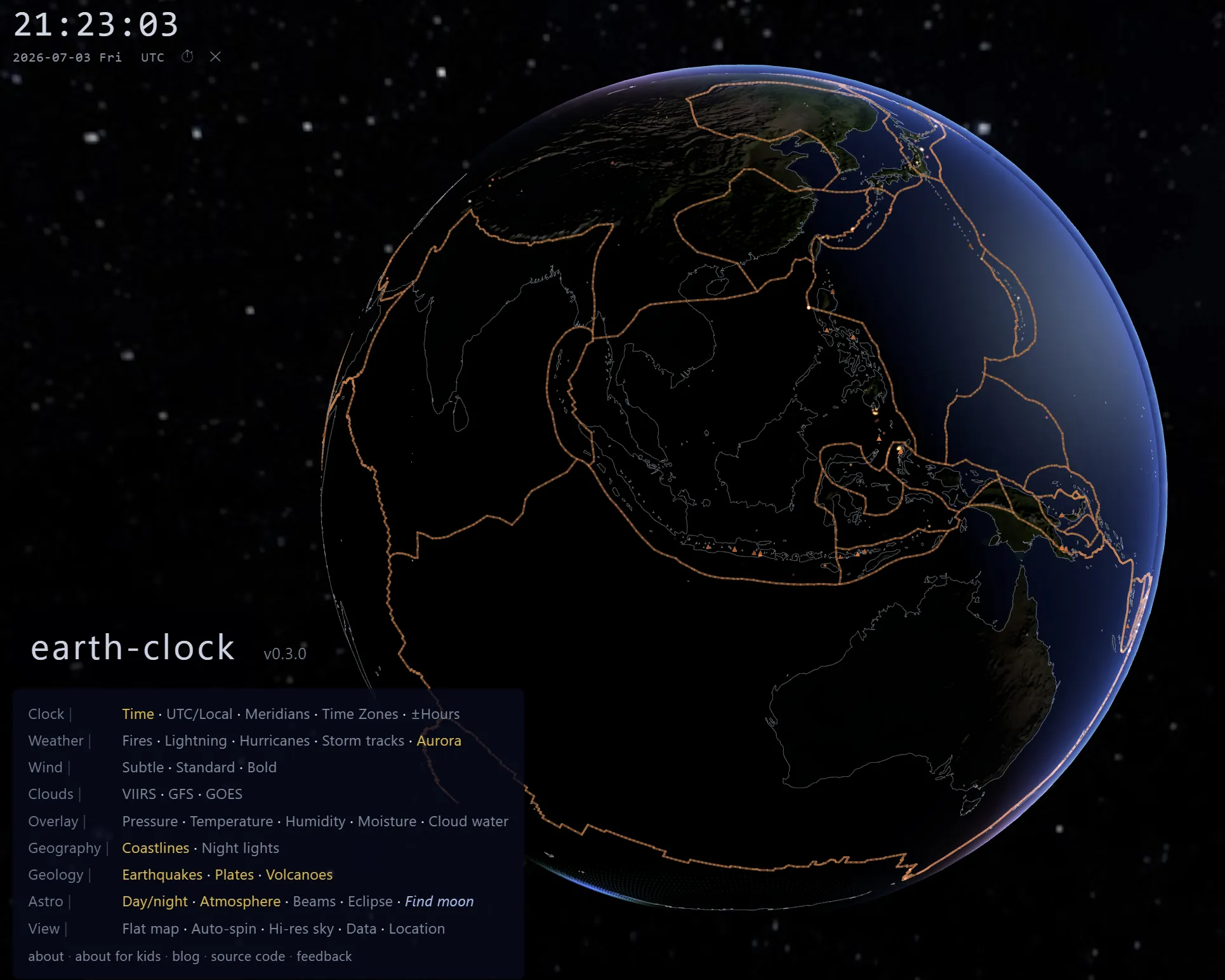 The dark night side of Earth showing South-East Asia and Australia, with orange plate-boundary lines and lots of small triangle volcano markers following the line of Indonesian islands
