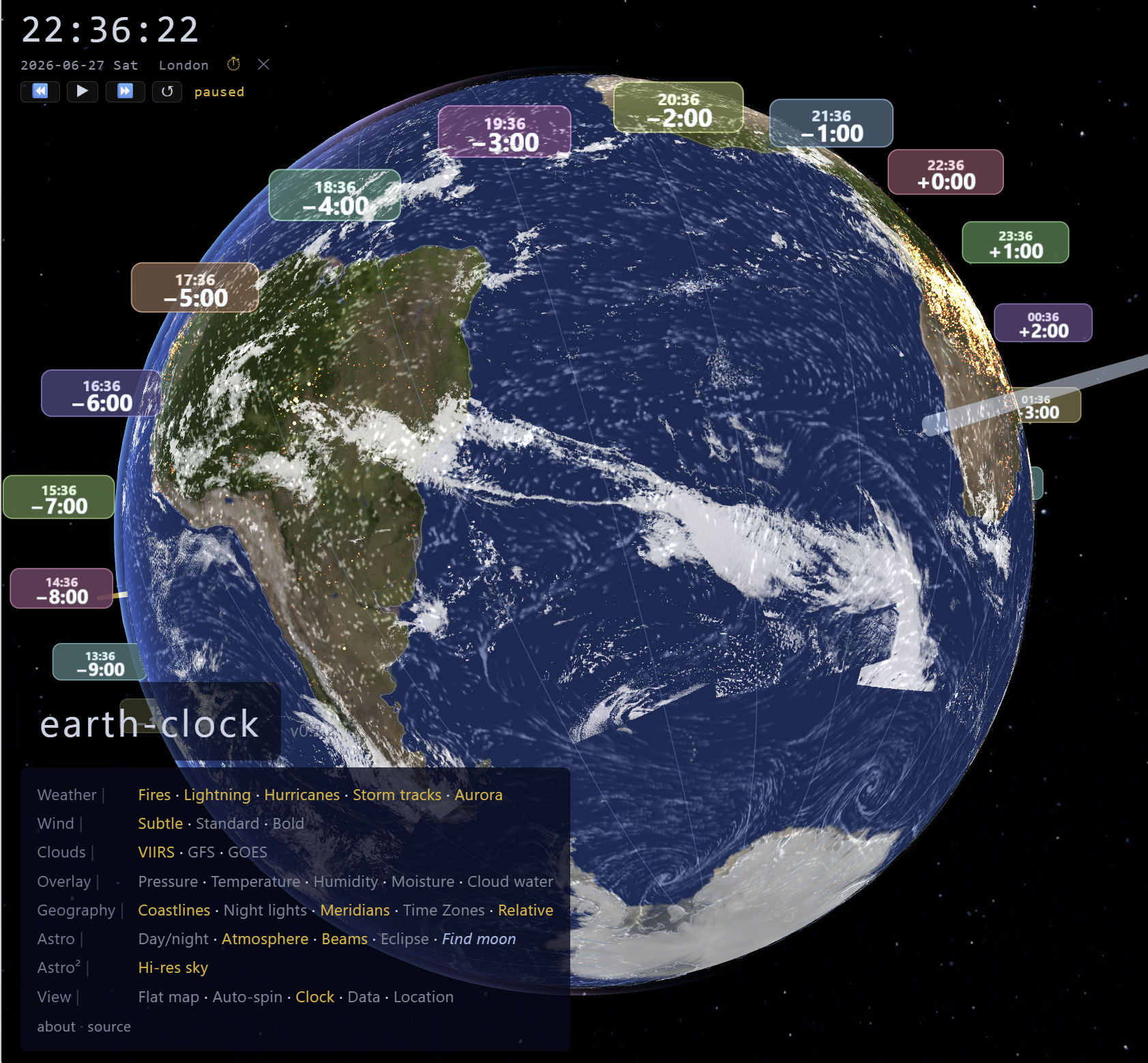 Meridians mode — 24 straight lines at 15° intervals with coloured time labels